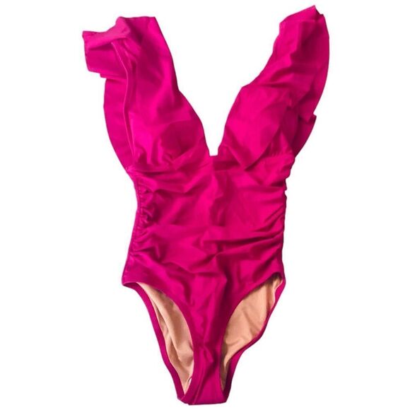 J Crew Radiant Fuchsia Ruffle V-Neck Ruched One Piece Swimsuit Sz 22 NWT - Picture 5 of 16